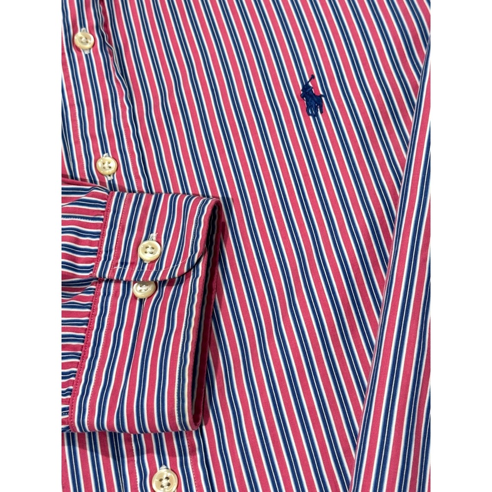 VTG Ralph Lauren Shirt XXL Blue Red Stripe Custom Fit Long Sleeve Button Down